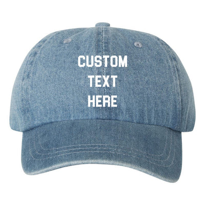 Your Embroidery Text Here Custom Blue Denim Dad Hat Cap, Unstructured Baseball Cap, Customize, Choose Any Color Vinyl Print!
