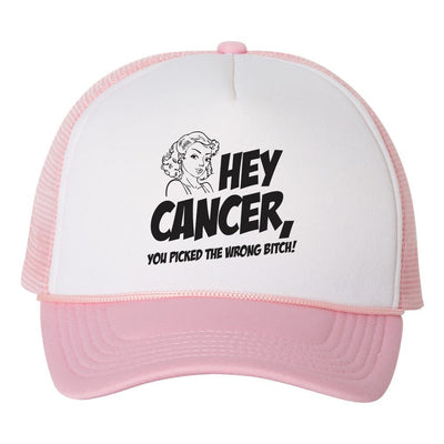 Hey Cancer You Picked The Wrong Bitch Trucker Hat Cap, Cancer Awareness, Fight Cancer, We Wear Pink, White/Pink