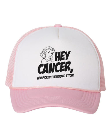Hey Cancer You Picked The Wrong Bitch Trucker Hat Cap, Cancer Awareness, Fight Cancer, We Wear Pink, White/Pink