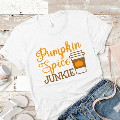 Pumpkin Spice Junkie Shirt, Pumpkin Spice T-Shirt, Fall T-Shirt, fall shirt, coffee shirt, Coffee T-Shirt, Pumpkin Spice shirt - White