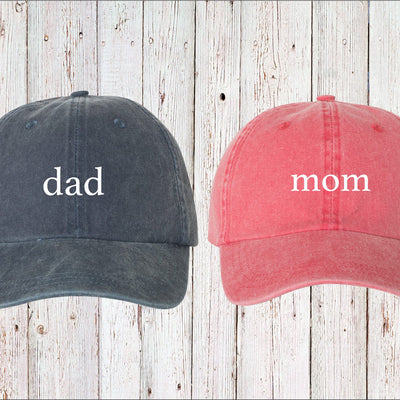 Mom & Dad Lowercase Unstructured Dad Hat Cap, Pigment Dyed Unstructured Baseball Cap, Baby Announcement, Mom Dad To Be, Choose Hat Color!