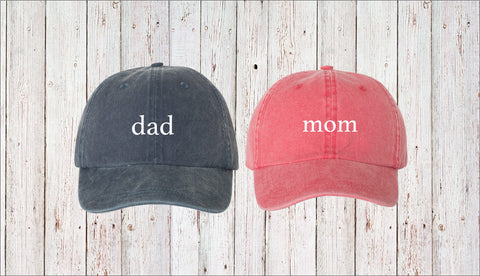 Mom & Dad Lowercase Unstructured Dad Hat Cap, Pigment Dyed Unstructured Baseball Cap, Baby Announcement, Mom Dad To Be, Choose Hat Color!