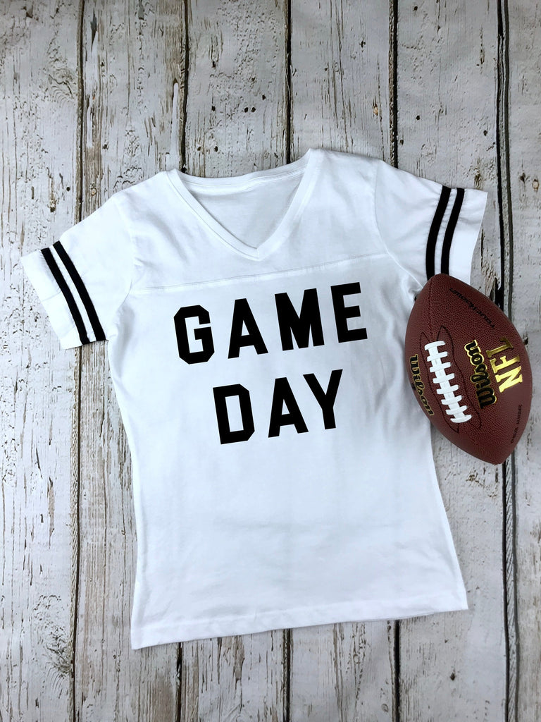 Game Day Women's Football V-Neck Fine Jersey Tee, Football Shirts, Tailgate Shirt, Sunday Funday Shirt, Mom Shirt, Choose Your Shirt Color!