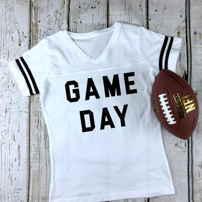 Game Day Women's Football V-Neck Fine Jersey Tee, Football Shirts, Tailgate Shirt, Sunday Funday Shirt, Mom Shirt, Choose Your Shirt Color!