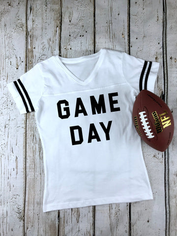 Game Day Women's Football V-Neck Fine Jersey Tee, Football Shirts, Tailgate Shirt, Sunday Funday Shirt, Mom Shirt, Choose Your Shirt Color!