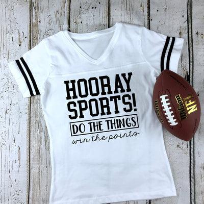Hooray Sports! Women's Football V-Neck Fine Jersey Tee, Funny Football Shirt, Tailgate Shirt, Sunday Funday, Choose Your Shirt Color!