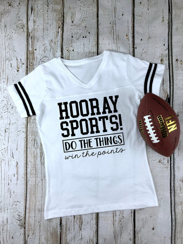 Hooray Sports! Women's Football V-Neck Fine Jersey Tee, Funny Football Shirt, Tailgate Shirt, Sunday Funday, Choose Your Shirt Color!