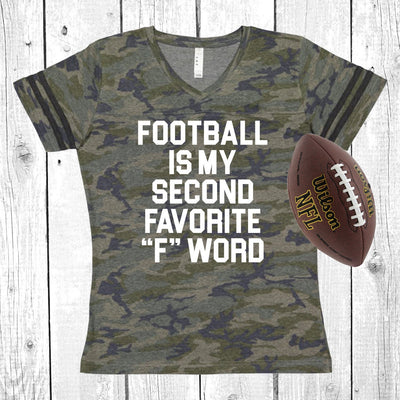 Football Is My Favorite F Word Vintage Camo Women's Football V-Neck Fine Jersey Tee, Tailgate Shirt, Sunday Funday, Choose Your Print Color!