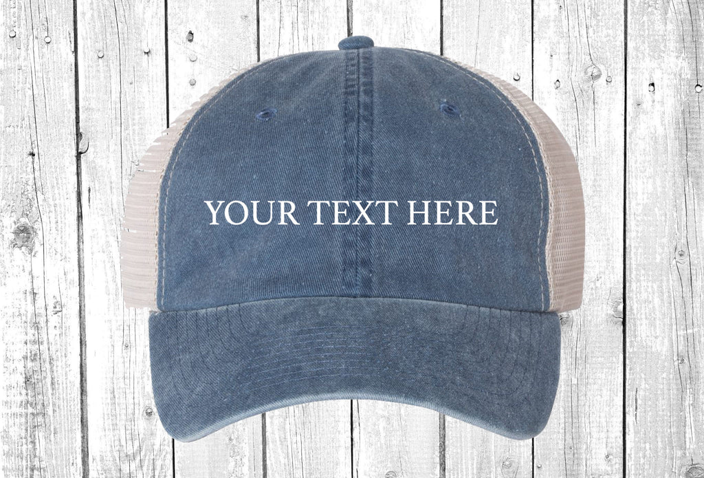 Your Text Here Custom Navy Pigment Dyed Trucker Hat Cap, Unstructured Baseball Cap, Customize, Choose Any Color Vinyl Print!