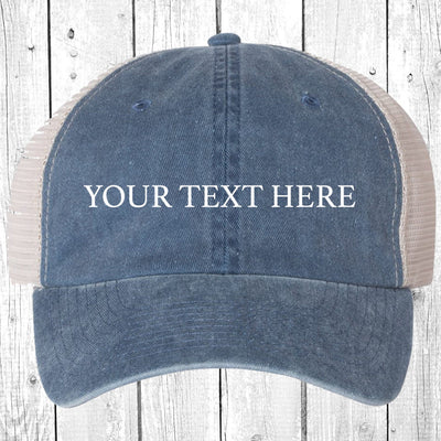 Your Text Here Custom Navy Pigment Dyed Trucker Hat Cap, Unstructured Baseball Cap, Customize, Choose Any Color Vinyl Print!