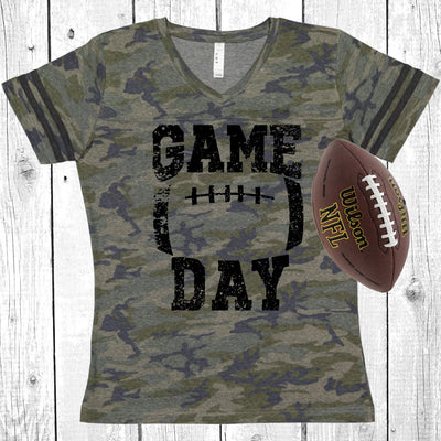 Game Day Distressed Vintage Camo Women's Football V-Neck Fine Jersey Tee, Tailgate Shirt, Sunday Funday, Choose Your Print Color!