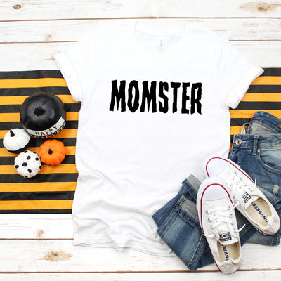 Momster Letters Tee, Mom Shirt, Mom Shirts, Halloween Tees, Fall Shirt, Fall Shirts, Funny Tees, Mom Halloween Costume, Mom T-Shirts - White