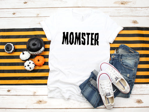 Momster Letters Tee, Mom Shirt, Mom Shirts, Halloween Tees, Fall Shirt, Fall Shirts, Funny Tees, Mom Halloween Costume, Mom T-Shirts - White