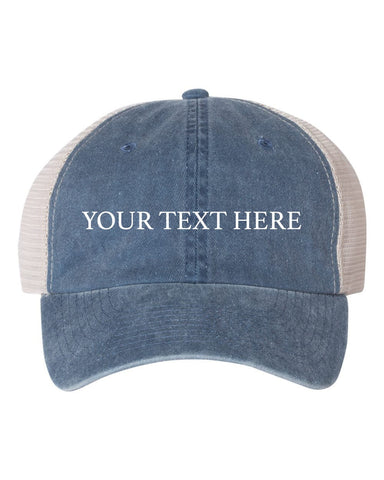 Your Text Here Custom Navy Pigment Dyed Trucker Hat Cap, Unstructured Baseball Cap, Customize, Choose Any Color Vinyl Print!