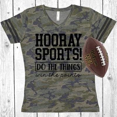 Hooray Sports Vintage Camo Women's Football V-Neck Fine Jersey Tee, Tailgate Shirt, Sunday Funday, Funny Shirt, Choose Your Print Color!