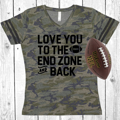 Love You To The End Zone And Back Vintage Camo Women's Football V-Neck Fine Jersey Tee, Tailgate, Sunday Funday, Choose Your Print Color!