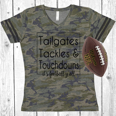 Tailgates, Tackles & Touchdowns Vintage Camo Women's Football V-Neck Fine Jersey Tee, Game Day Tee, Sunday Funday, Choose Your Print Color!