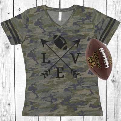 Football Love Arrow Vintage Camo Women's Football V-Neck Fine Jersey Tee, Game Day Tee, Sunday Funday, Touchdowns, Choose Your Print Color!