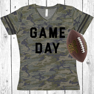 Game Day Vintage Camo Women's Football V-Neck Fine Jersey Tee, Game Day Tee, Sunday Funday, Football Shirt, Choose Your Print Color!