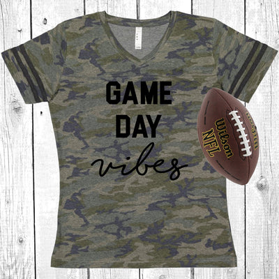Game Day Vibes Vintage Camo Women's Football V-Neck Fine Jersey Tee, Game Day Tee, Sunday Funday, Football Shirt, Choose Your Print Color!