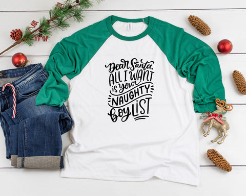 Naughty Boy List Three Quarter Sleeve Baseball T-Shirt, Funny Christmas Shirt, Funny Saying Shirt, Christmas Humor Shirt, Holiday