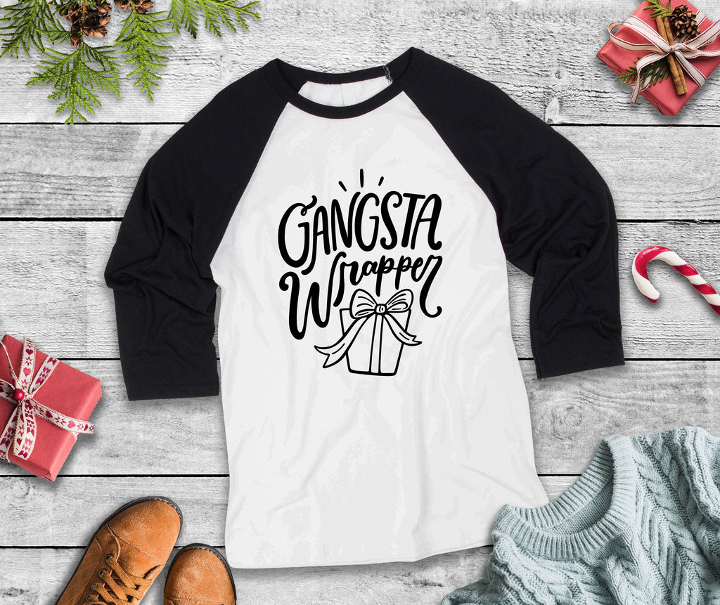 Gangsta Wrapper Three Quarter Sleeve Baseball T-Shirt, Funny Christmas Shirt, Funny Saying Shirt, Christmas Humor Shirt, Holiday