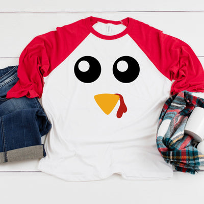 Turkey Face Three-Quarter Sleeve Baseball T-Shirt, Funny Thanksgiving Shirt, Thanksgiving Holiday, Turkey Day, Thanksgiving