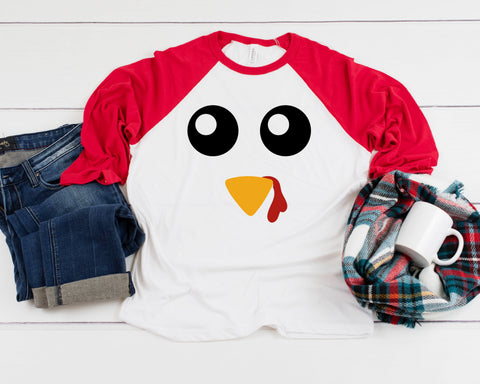 Turkey Face Three-Quarter Sleeve Baseball T-Shirt, Funny Thanksgiving Shirt, Thanksgiving Holiday, Turkey Day, Thanksgiving