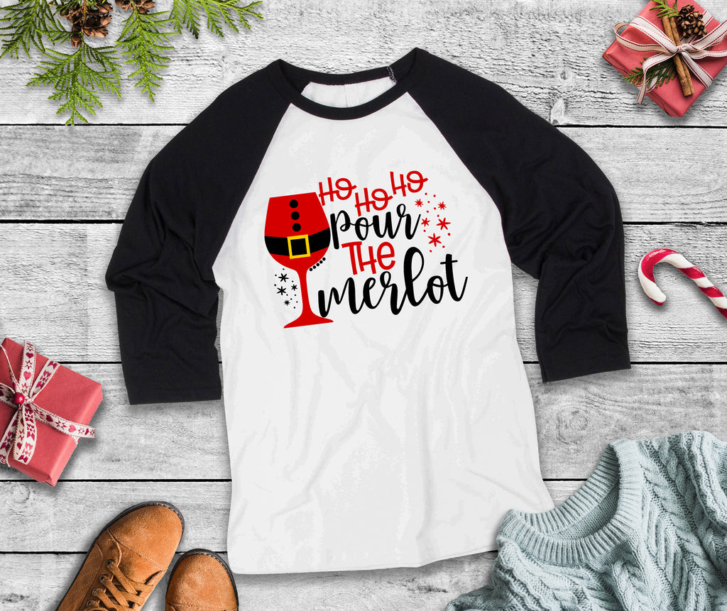 Ho Ho Ho Pour The Merlo Three Quarter Sleeve Baseball T-Shirt, Funny Christmas Shirt, Funny Saying Shirt, Christmas Humor Shirt, Wine Shirt