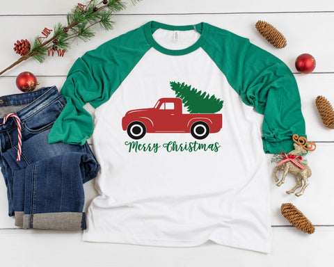 Merry Christmas Rustic Truck Three Quarter Sleeve Baseball T-Shirt, Funny Christmas Shirt, Funny Saying Shirt, Christmas Humor, Xmas Shirt