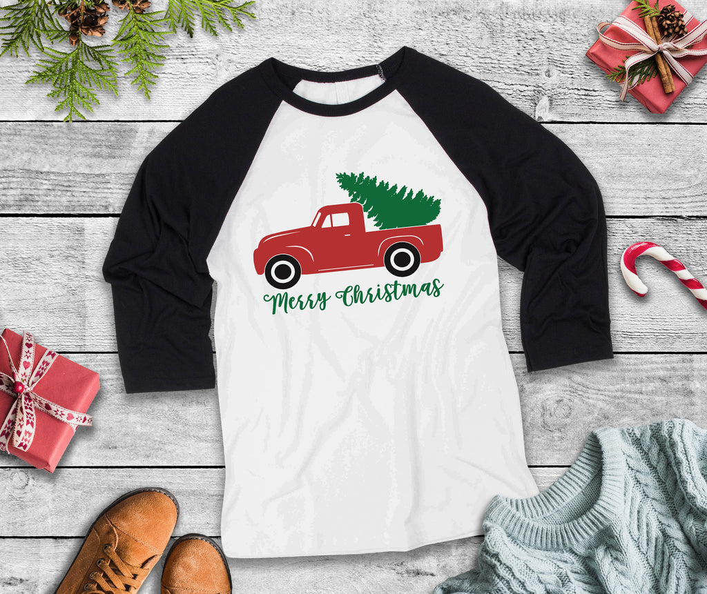 Merry Christmas Rustic Truck Three Quarter Sleeve Baseball T-Shirt, Funny Christmas Shirt, Funny Saying Shirt, Christmas Humor, Xmas Shirt
