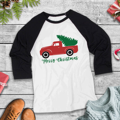 Merry Christmas Rustic Truck Three Quarter Sleeve Baseball T-Shirt, Funny Christmas Shirt, Funny Saying Shirt, Christmas Humor, Xmas Shirt