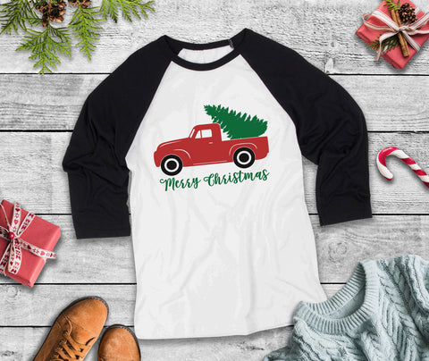 Merry Christmas Rustic Truck Three Quarter Sleeve Baseball T-Shirt, Funny Christmas Shirt, Funny Saying Shirt, Christmas Humor, Xmas Shirt