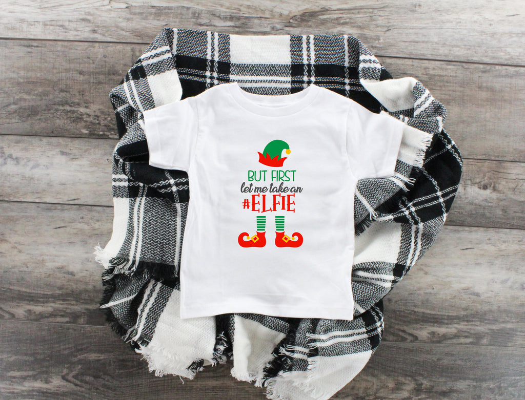 But First Let Me Take An Elfie, White Youth T-Shirt, Funny Christmas Shirt, Funny Saying Shirt, Christmas Holiday Shirt, Christmas Party