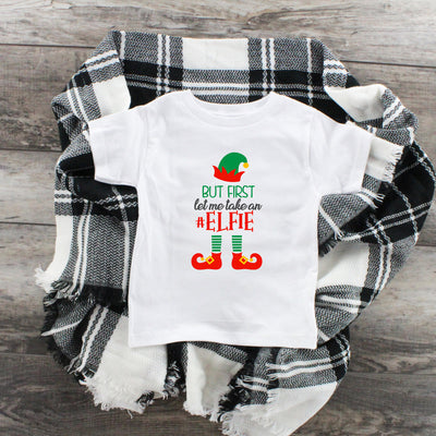 But First Let Me Take An Elfie, White Youth T-Shirt, Funny Christmas Shirt, Funny Saying Shirt, Christmas Holiday Shirt, Christmas Party