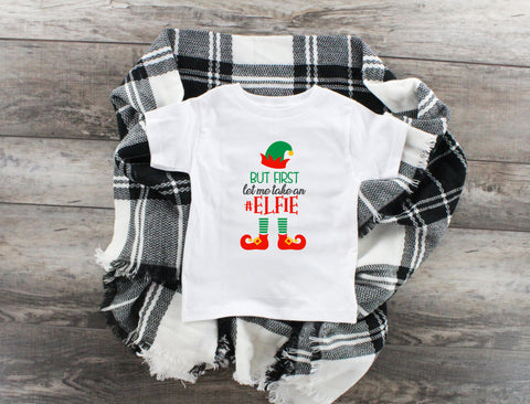 But First Let Me Take An Elfie, White Youth T-Shirt, Funny Christmas Shirt, Funny Saying Shirt, Christmas Holiday Shirt, Christmas Party