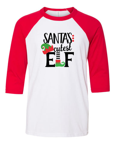 Santa's Cutest Elf, Youth Three Quarter Sleeve Baseball T-Shirt, Funny Christmas Shirt, Funny Saying Shirt, Christmas Shirt