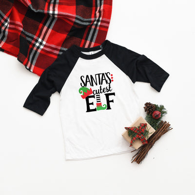 Santa's Cutest Elf, Youth Three Quarter Sleeve Baseball T-Shirt, Funny Christmas Shirt, Funny Saying Shirt, Christmas Shirt