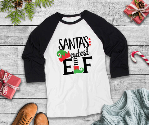 Santa's Cutest Elf Adult Three Quarter Sleeve Baseball T-Shirt, Funny Christmas Shirt, Funny Saying Shirt, Christmas Humor Shirt, Holiday