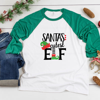 Santa's Cutest Elf Adult Three Quarter Sleeve Baseball T-Shirt, Funny Christmas Shirt, Funny Saying Shirt, Christmas Humor Shirt, Holiday