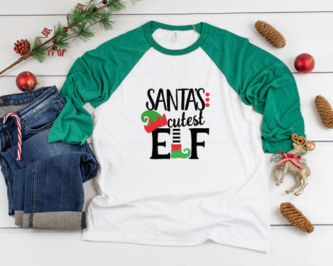 Santa's Cutest Elf Adult Three Quarter Sleeve Baseball T-Shirt, Funny Christmas Shirt, Funny Saying Shirt, Christmas Humor Shirt, Holiday