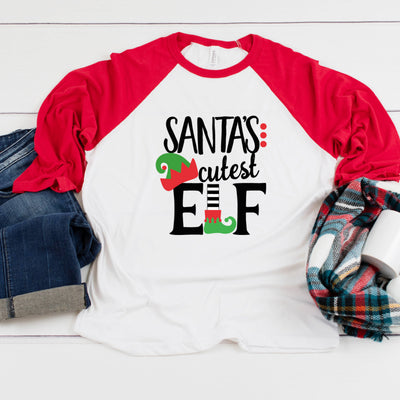 Santa's Cutest Elf Adult Three Quarter Sleeve Baseball T-Shirt, Funny Christmas Shirt, Funny Saying Shirt, Christmas Humor Shirt, Holiday