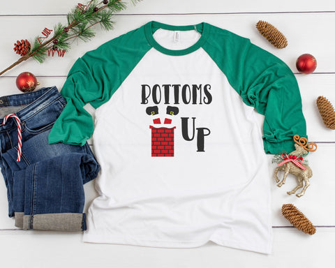 Santa Bottoms Up Adult Three Quarter Sleeve Baseball T-Shirt, Funny Christmas Shirt, Funny Saying Shirt, Christmas Humor Shirt, Holiday