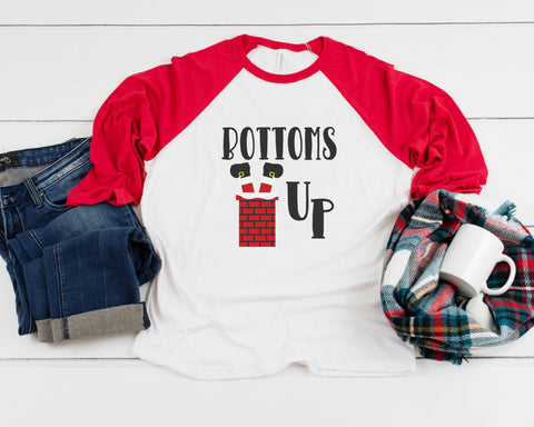 Santa Bottoms Up Adult Three Quarter Sleeve Baseball T-Shirt, Funny Christmas Shirt, Funny Saying Shirt, Christmas Humor Shirt, Holiday