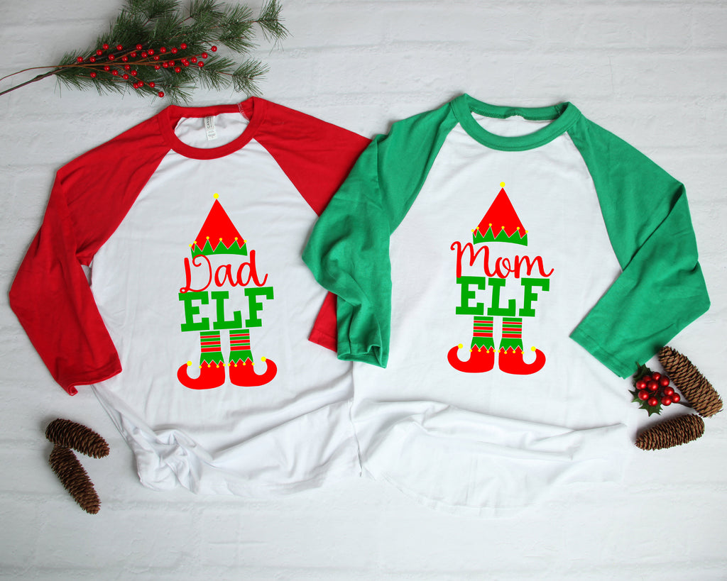 Mom Elf Dad Elf Couples Christmas Three-Quarter Sleeve Baseball T-Shirt, Funny Elf Christmas Shirt, Xmas, Christmas Humor Shirt, Holiday