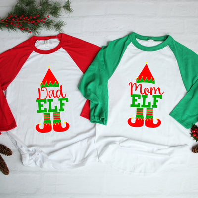 Mom Elf Dad Elf Couples Christmas Three-Quarter Sleeve Baseball T-Shirt, Funny Elf Christmas Shirt, Xmas, Christmas Humor Shirt, Holiday