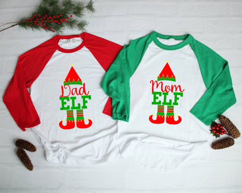 Mom Elf Dad Elf Couples Christmas Three-Quarter Sleeve Baseball T-Shirt, Funny Elf Christmas Shirt, Xmas, Christmas Humor Shirt, Holiday