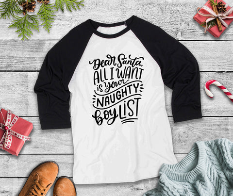 Naughty Boy List Three Quarter Sleeve Baseball T-Shirt, Funny Christmas Shirt, Funny Saying Shirt, Christmas Humor Shirt, Holiday