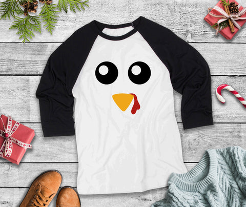 Turkey Face Three-Quarter Sleeve Baseball T-Shirt, Funny Thanksgiving Shirt, Thanksgiving Holiday, Turkey Day, Thanksgiving