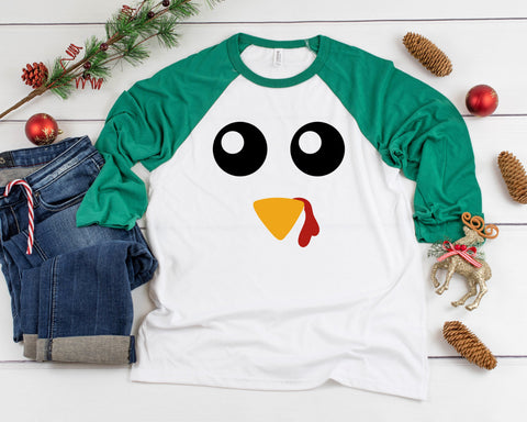 Turkey Face Three-Quarter Sleeve Baseball T-Shirt, Funny Thanksgiving Shirt, Thanksgiving Holiday, Turkey Day, Thanksgiving